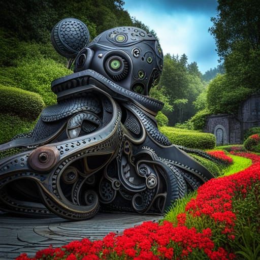 Steampunk Octopus Robot in Japanese Garden