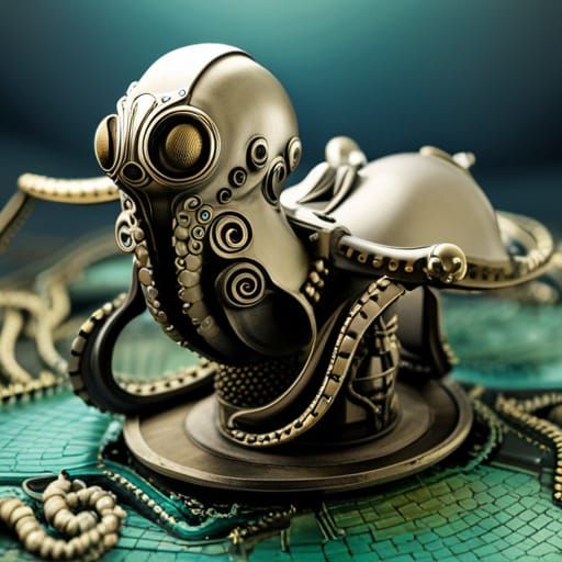 Steampunk Octopus Robot in Japanese Garden