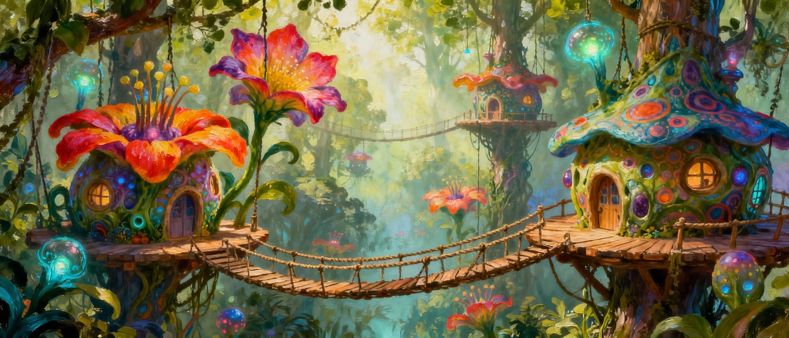 Alien Forest Dwellings Connected by Bridges