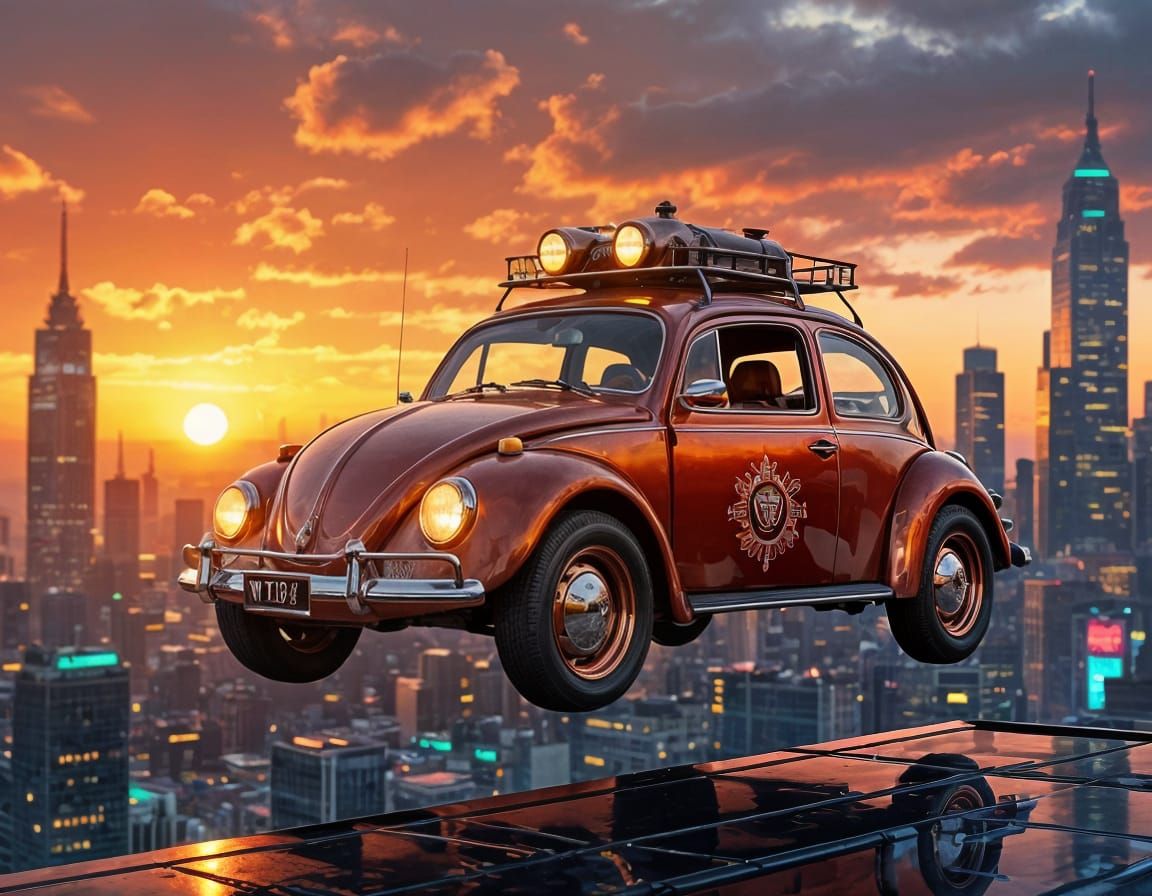Steampunk Beetle Soars Over Neon City at Sunset
