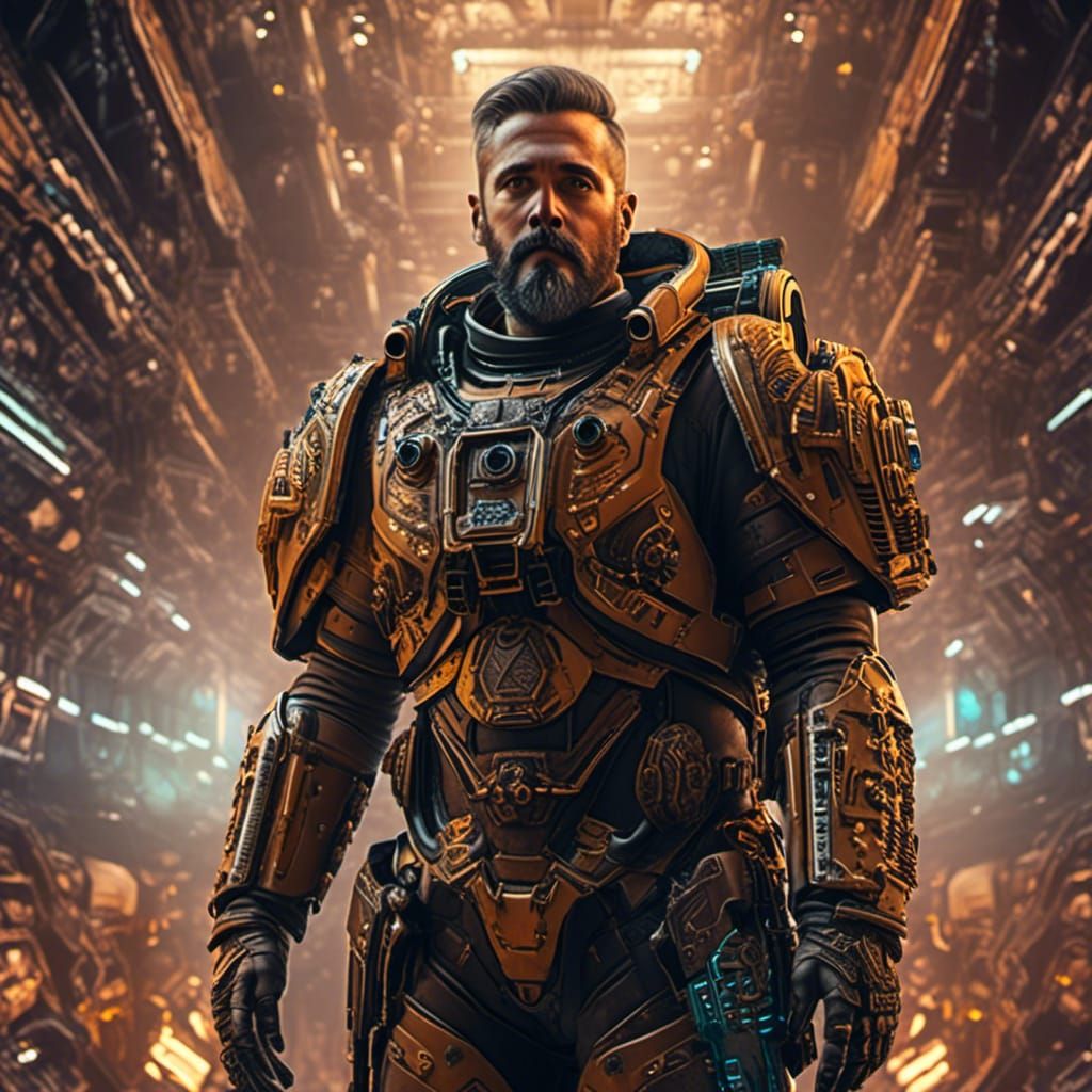 Cyberpunk Space Warrior in Spaceship with Laser Gun