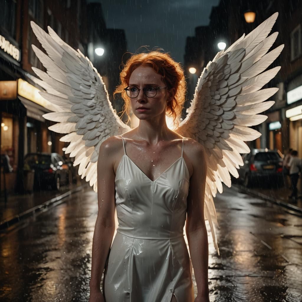Winged Woman in Rain Soaked Street: Cinematic Film Still