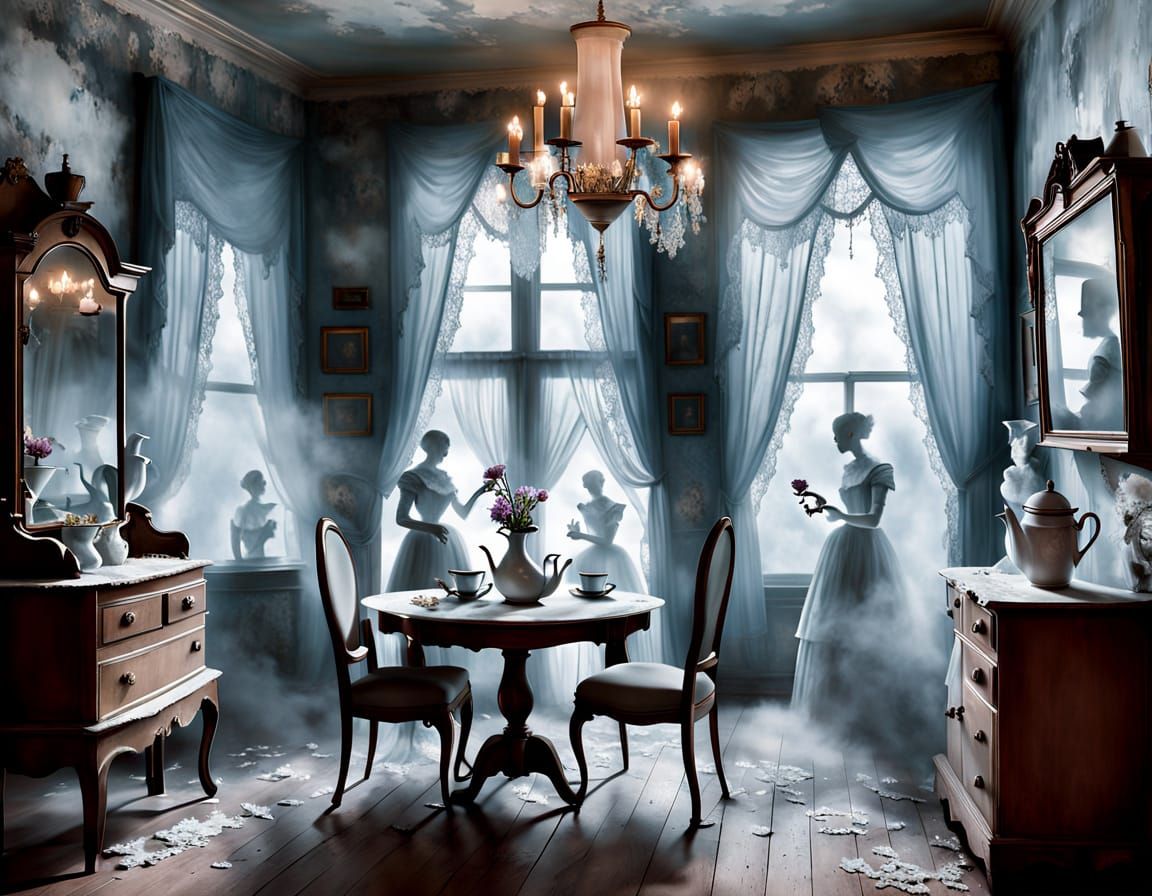 Haunted Victorian Tea Room: Ethereal Oil Painting