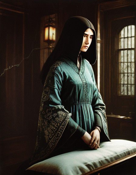 Mysterious Woman in Dark Fantasy Kimono, Surrounded by Smoke...