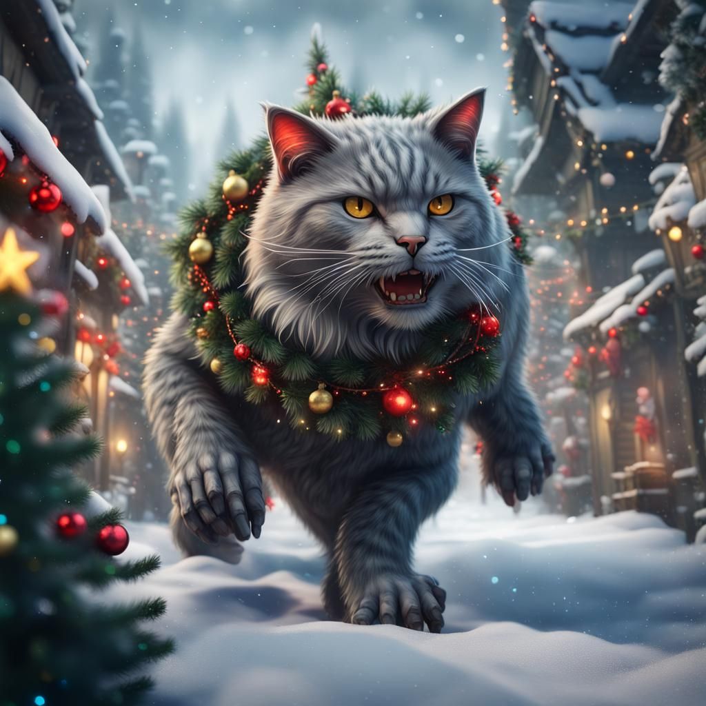 Giant Yule Cat Attacks Forest Village: Fantasy Art