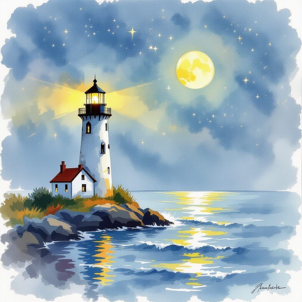 Lighthouse at Night in Dreamy Watercolor Style