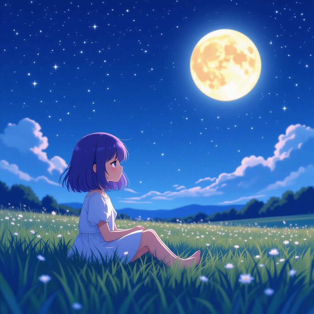 Girl in Starry Field Under Full Moon