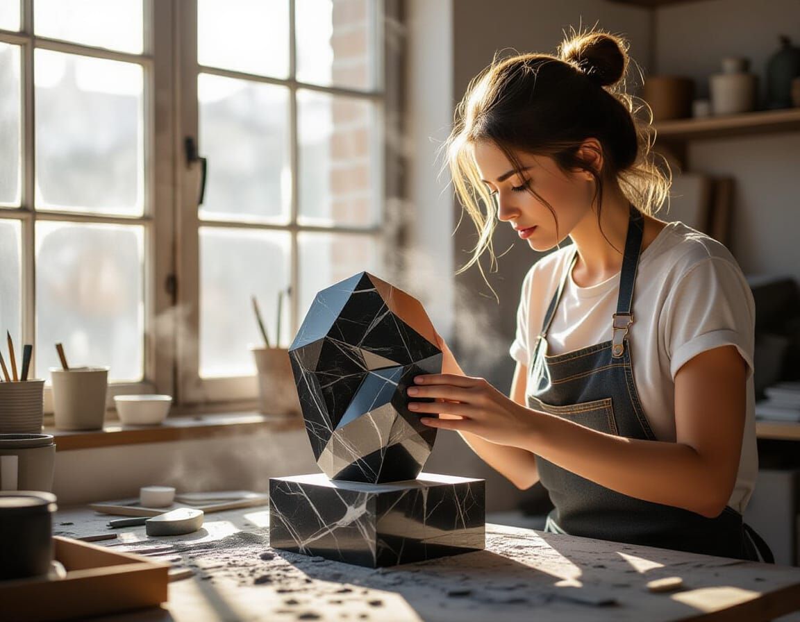 Hyperrealistic Female Sculptor Carving Obsidian
