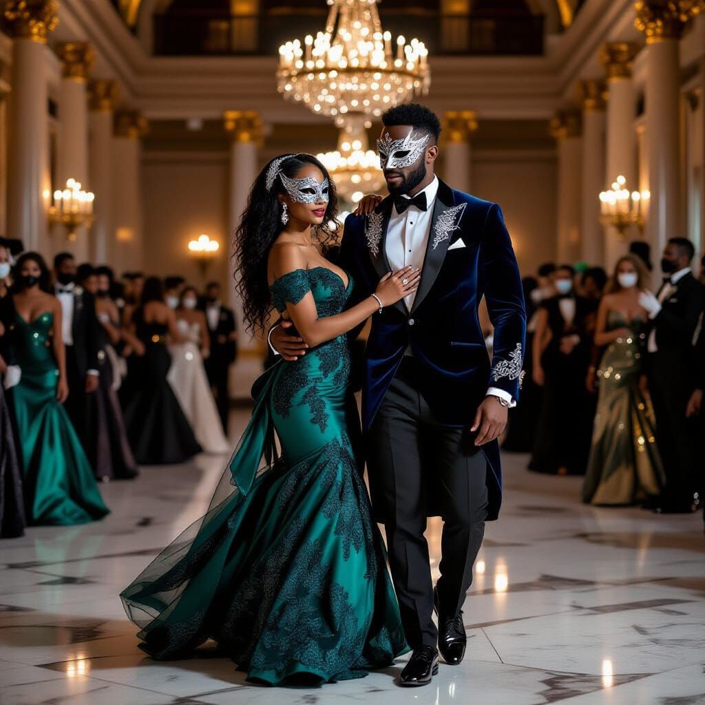 Elegant Couple at Mysterious Halloween Masquerade Ball