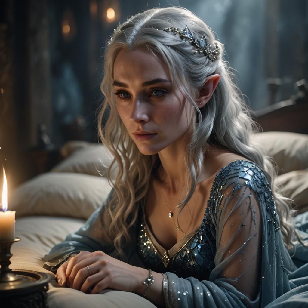 Elven Woman in Diamond Gown, Cinematic Still