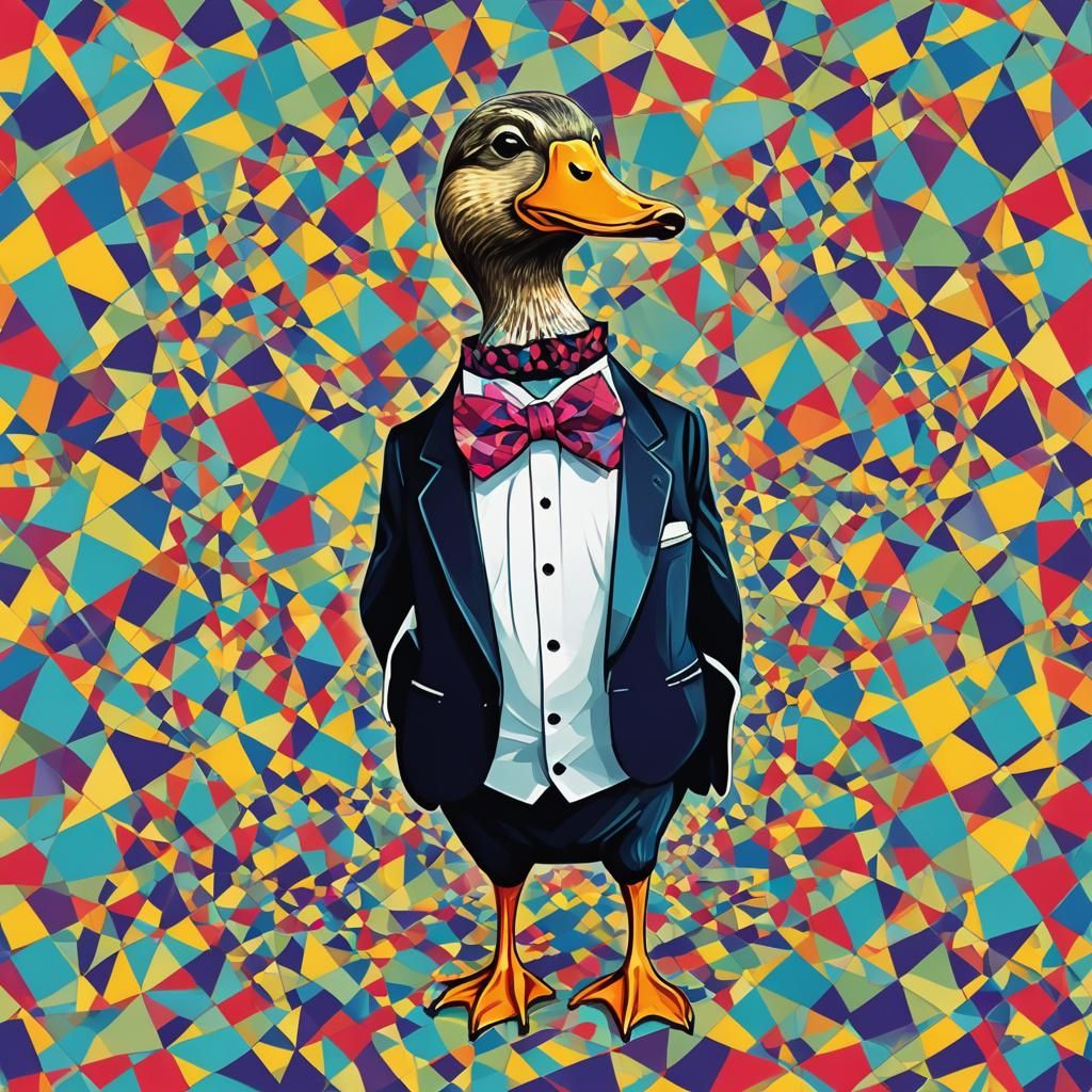 Pop Art Duck in Tuxedo with Geometric Background