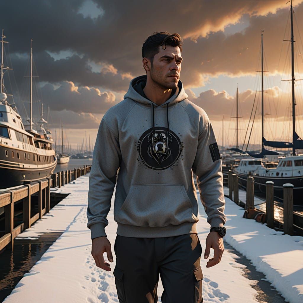 Rugged Boxer Runs Along Snowy Harbor Promenade at Christmas