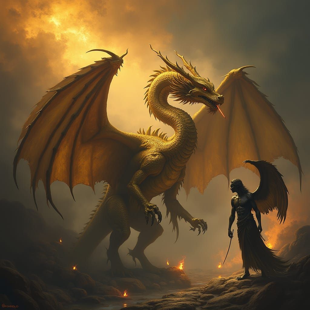 Majestic Gold Dragon Battles Fallen Angel in Twilight Realm