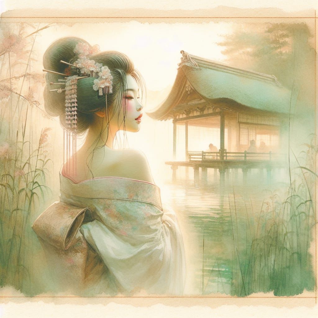 Geisha in Serene Bathhouse at Golden Hour