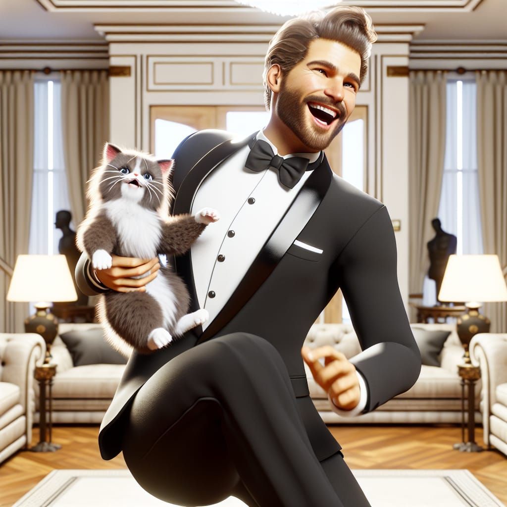 Disney Pixar style 3D handsome gorgeous man, holding his cat and dancing around his fancy living room. He is dressed in ...