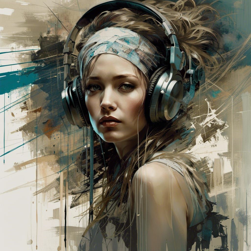 Woman Listening to Music: Digital Art Portrait