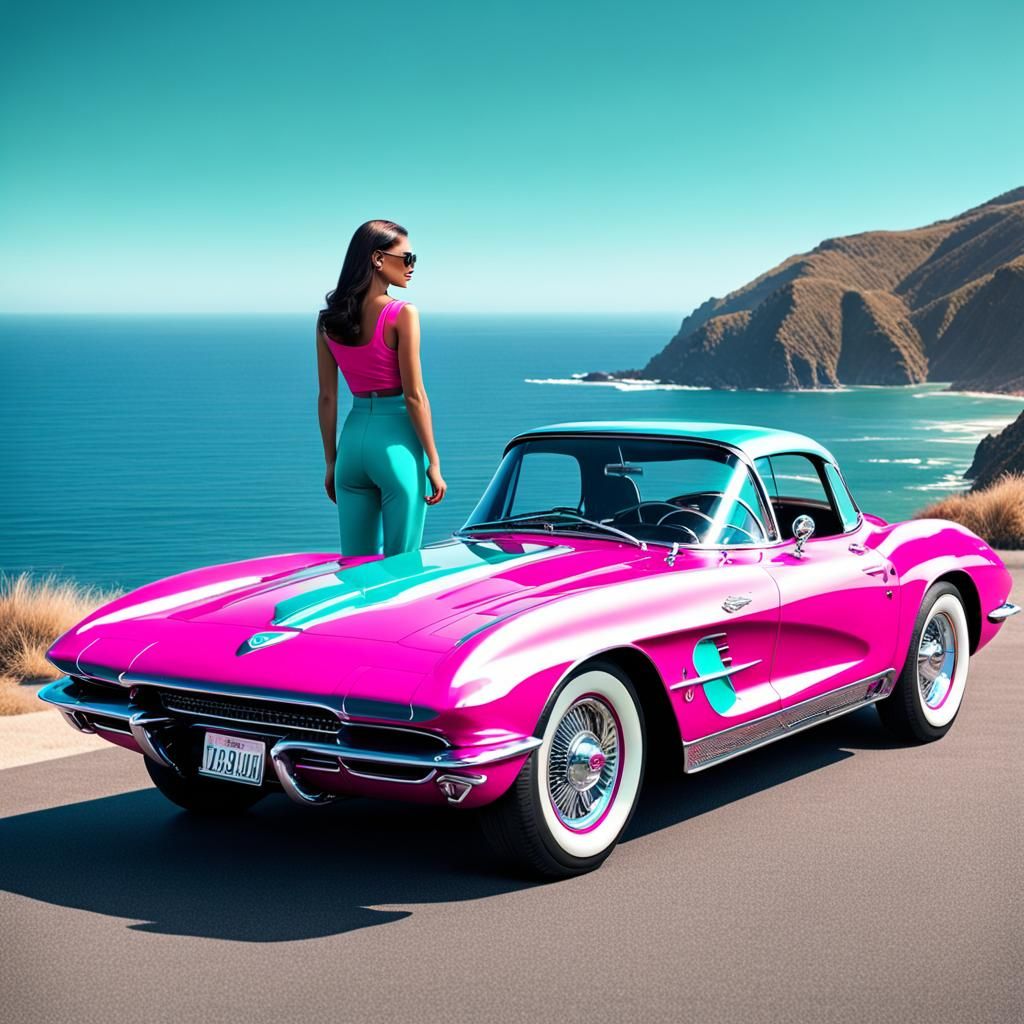 Pink and Teal Corvette Stingray on Pacific Coast