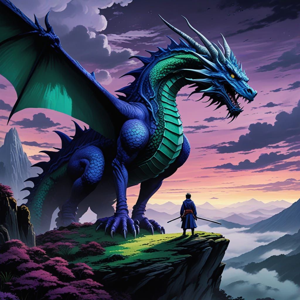 Samurai and Bioluminescent Dragon in Japanese Ink Painting