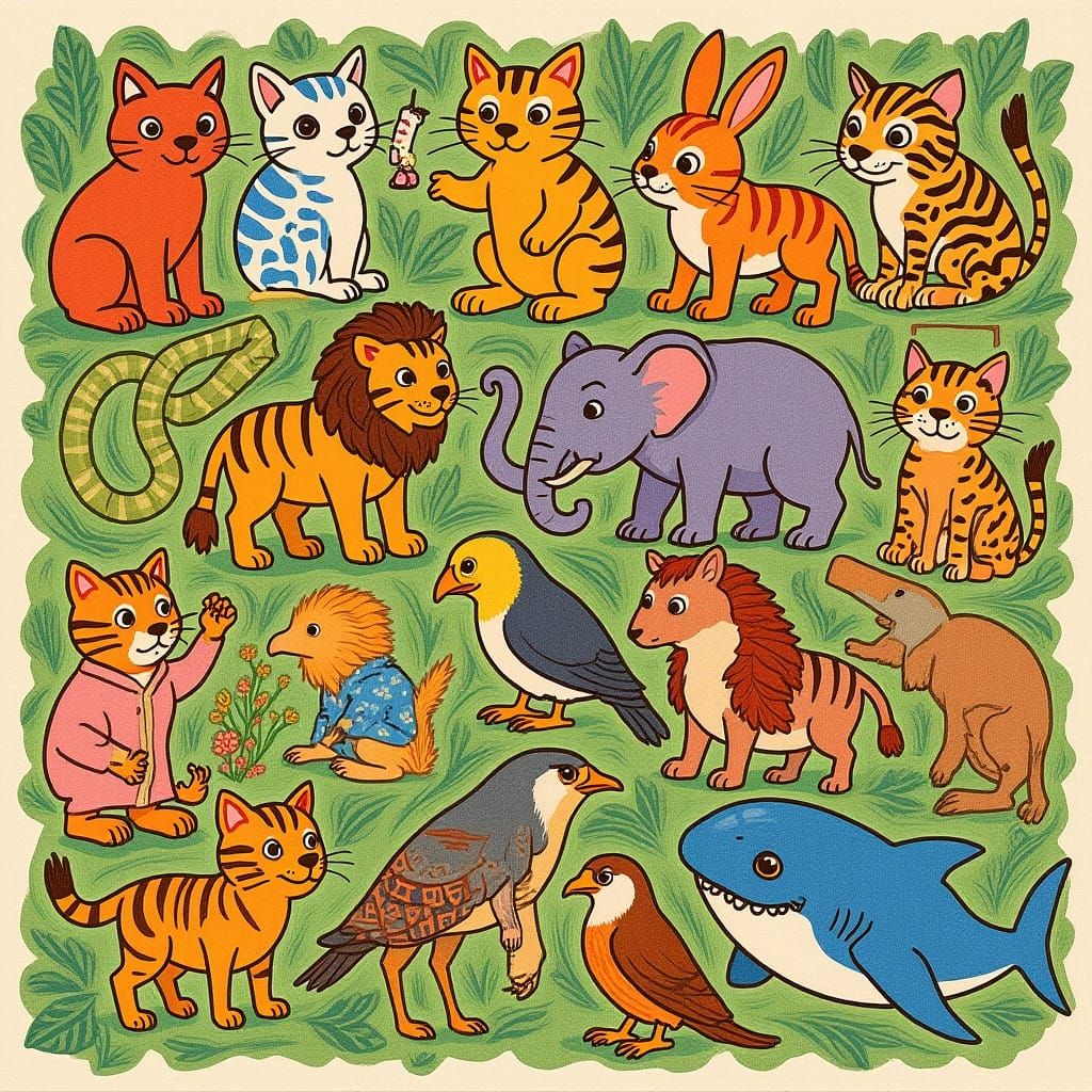 Vibrant Animal Menagerie in Naive Art Style