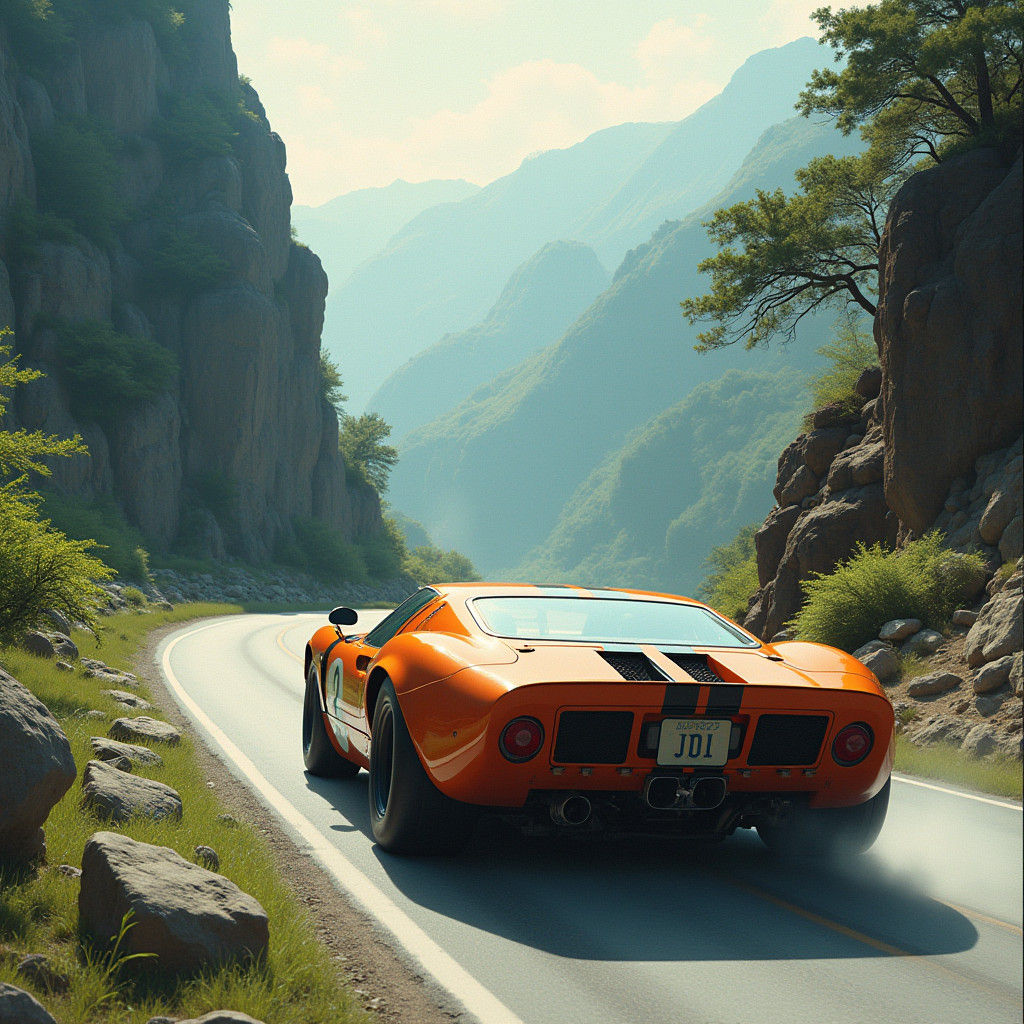 GT40 Racing Up Mountain Roads in Futuristic Retro Style
