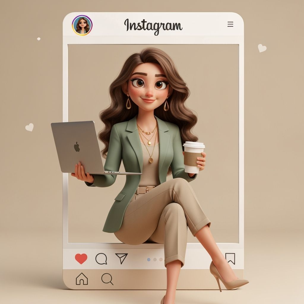 Young Woman in Social Media Frame, 3D Realistic Style