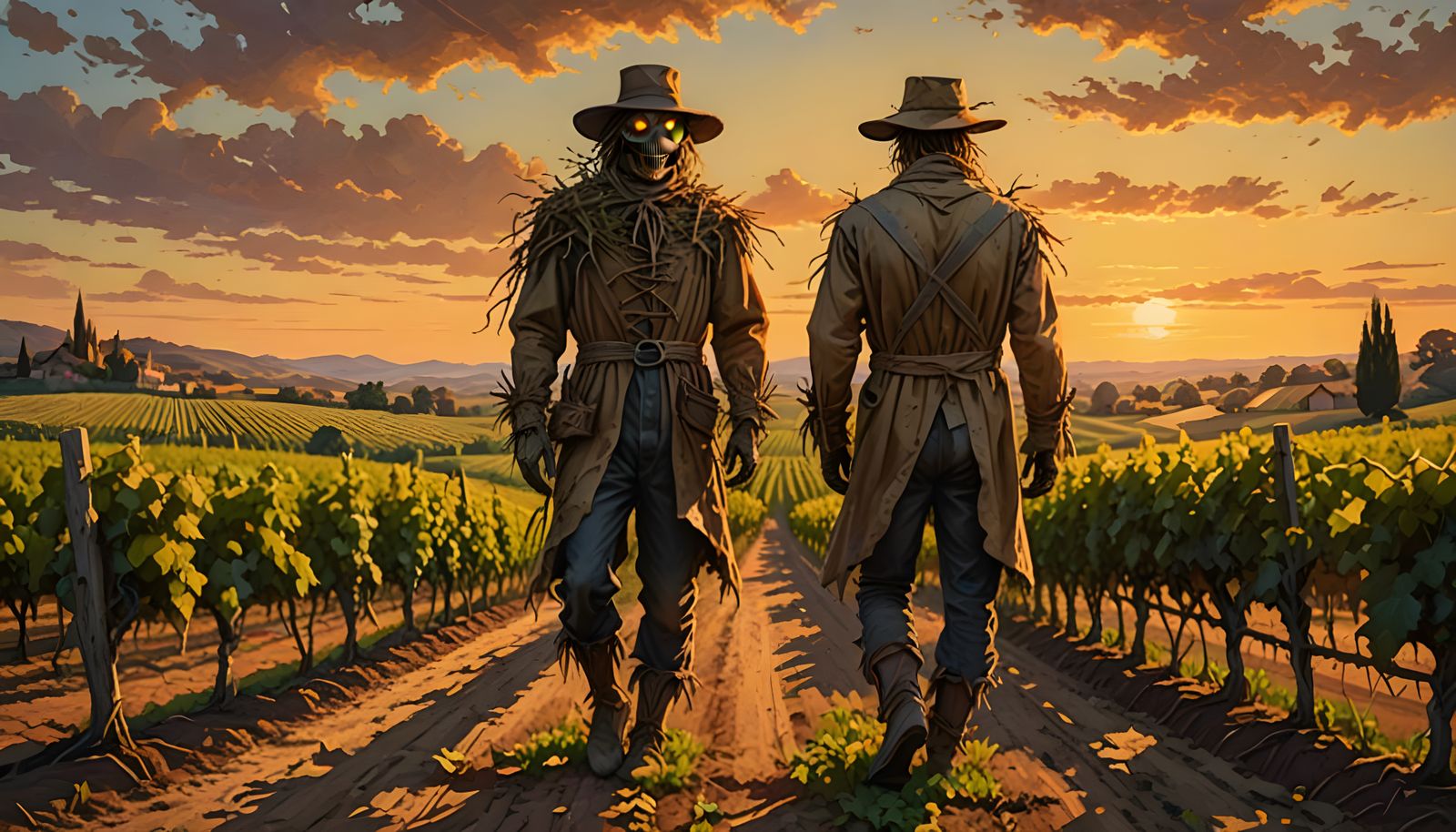 Impressionist Scarecrow Guards Vineyard at Golden Hour