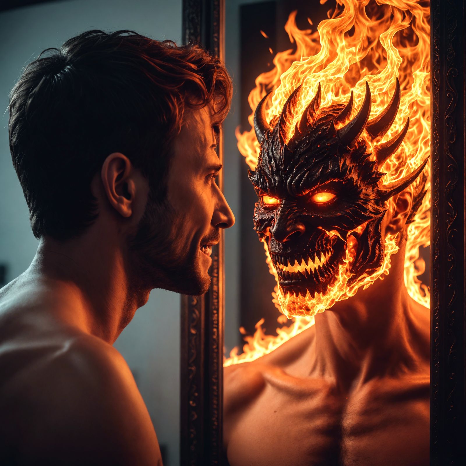 Man Sees Fire Demon in Mirror Reflection