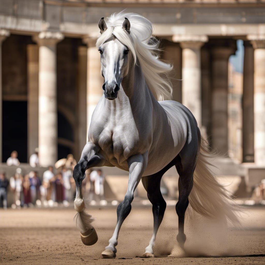 Majestic Silver-Grey Thoroughbred Stallion in Roman Arena