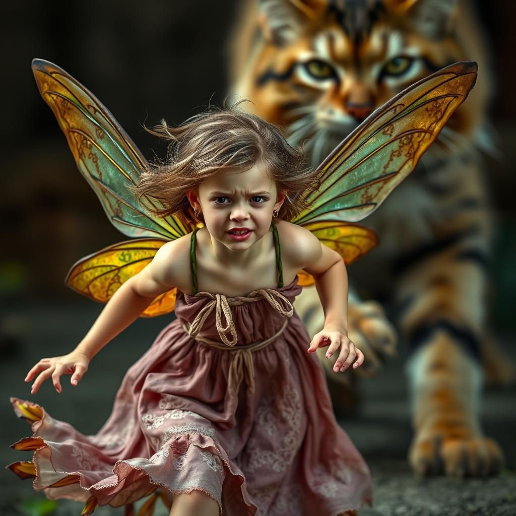 Terrified Pixie Running from Giant Cat Portrait