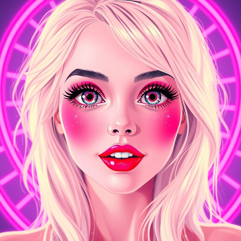 Pastel Kawaii Woman Surrounded by Neon Lights