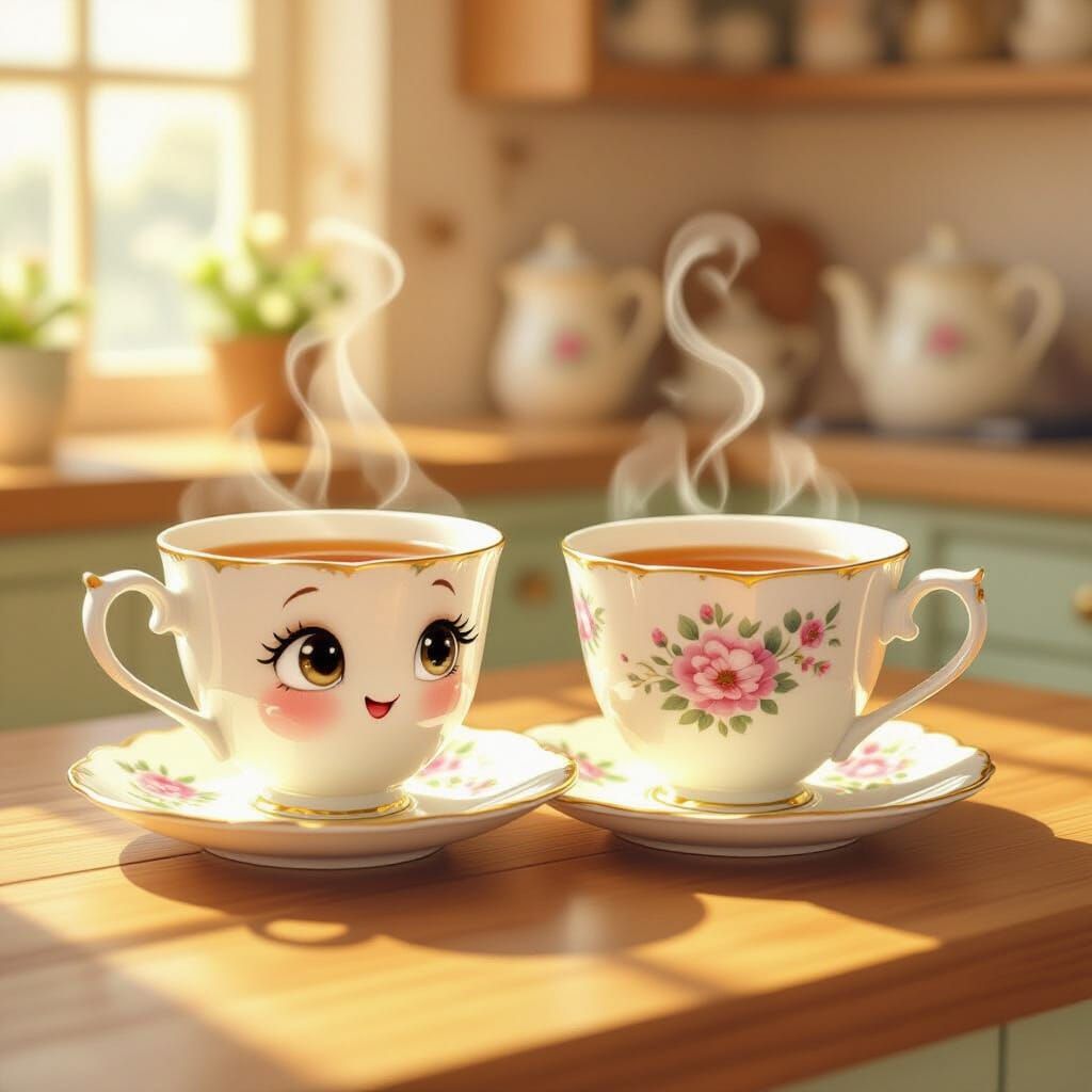 Whimsical Teacup Characters Chatting in Cozy Kitchen