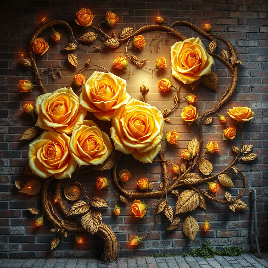 Golden and Crystal Roses Mural on Brick Wall