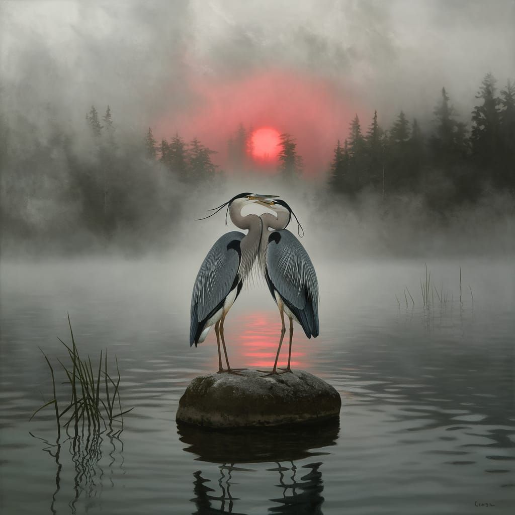 two herons are standing on a stone