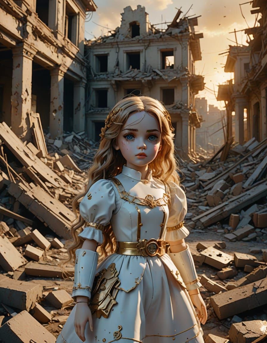 Porcelain Doll in War Zone: Anime-Style Digital Art
