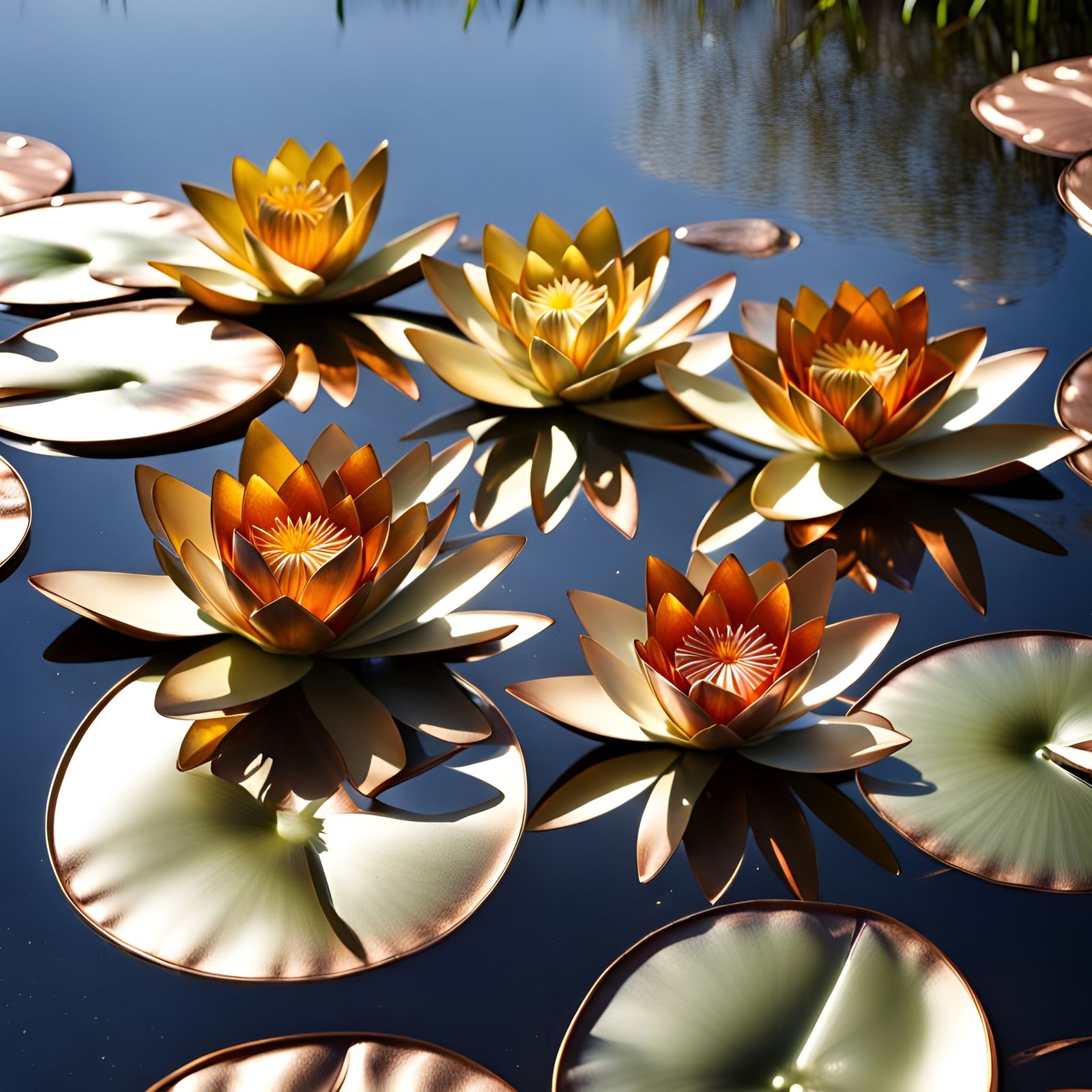 Metal Water Lilies in Glass Pond