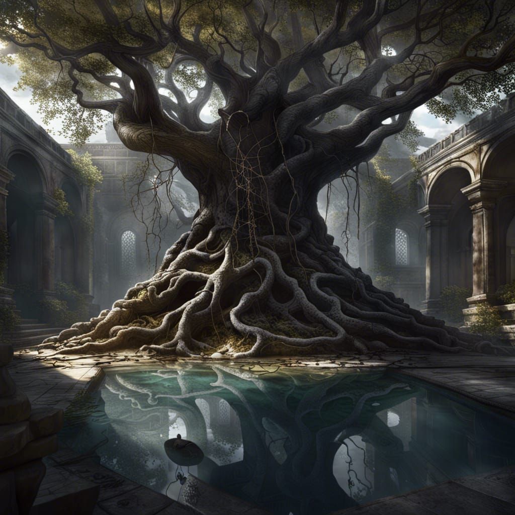 Runestone Ruins and Twisted Tree: Dark Fantasy Art