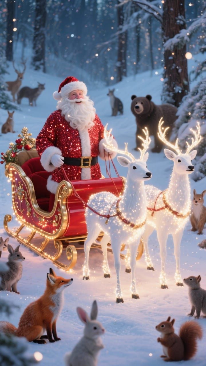 Jolly Santa Claus Beside Decorated Sleigh with Glowing Reind...
