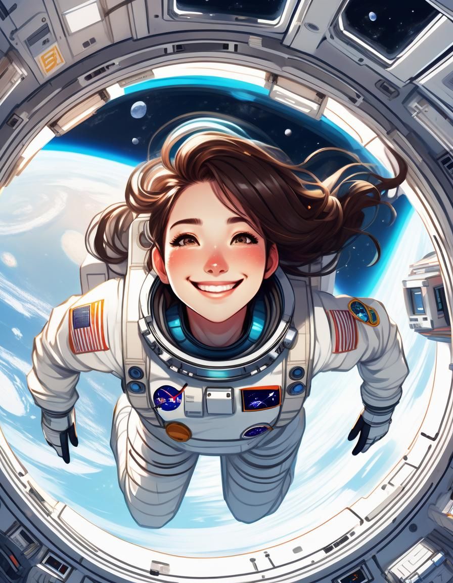 Brunette Astronaut in Anime Style, Detailed Digital Painting