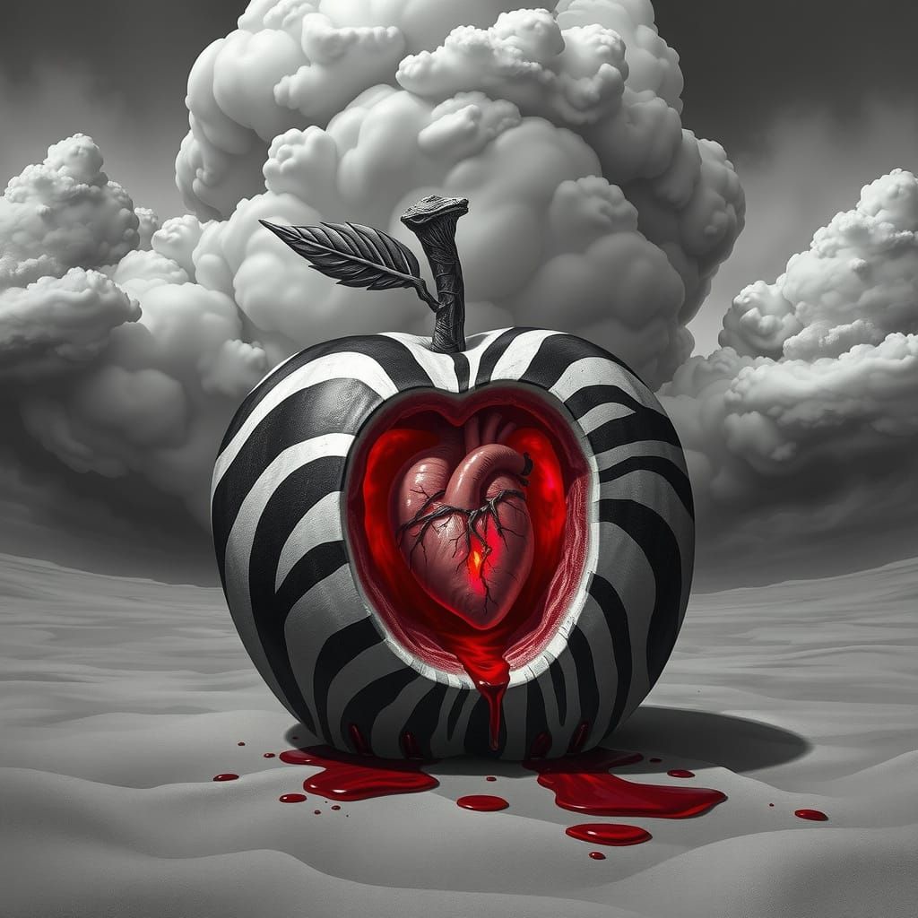Surreal Zebra Apple with Red Heart and Lungs in a Grey Deser...