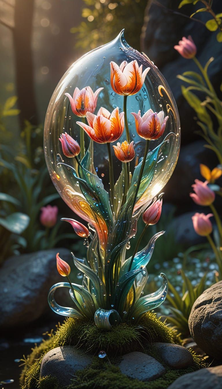 Glass Tulip Sculpture on Stone Turtle in Abstract Style