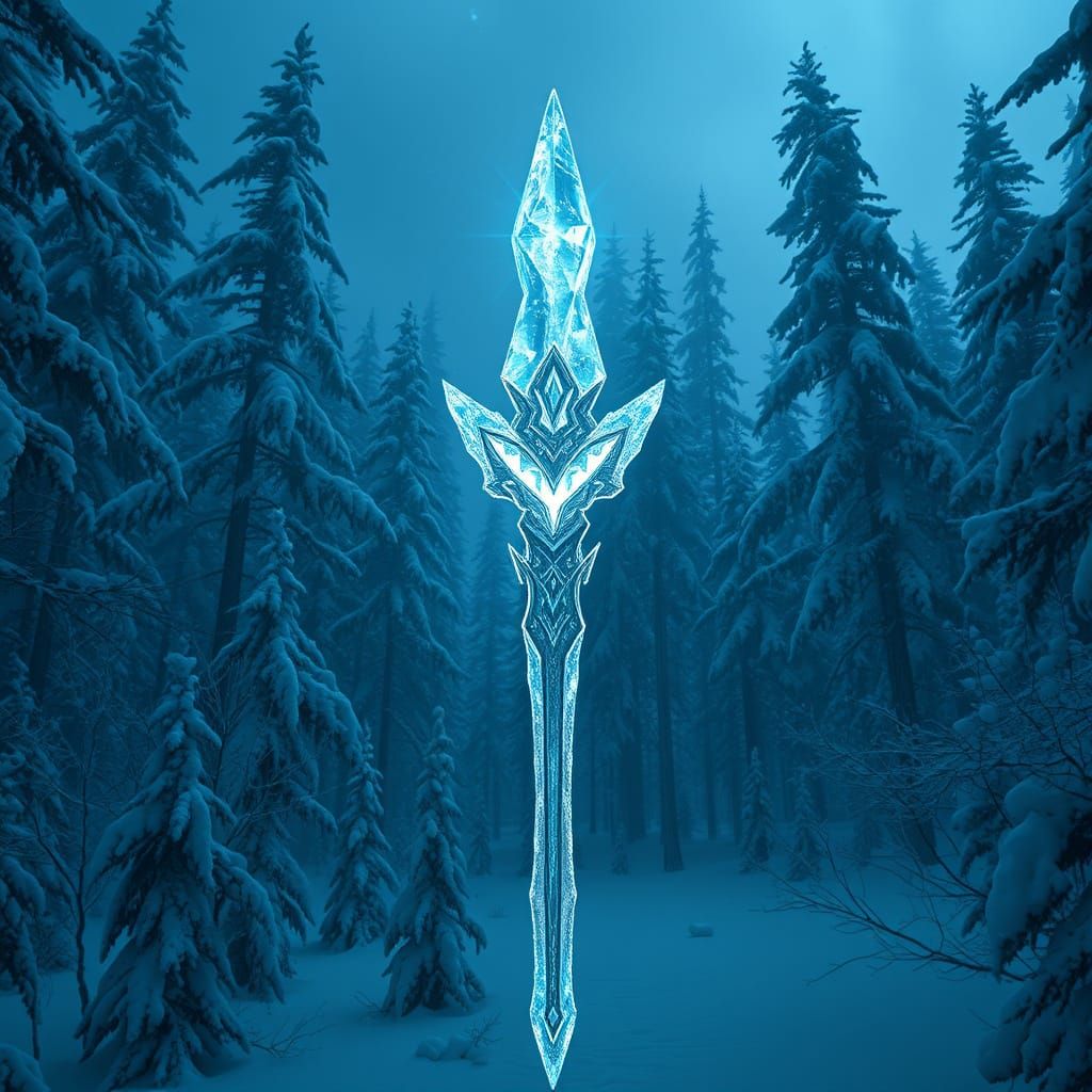 Glowing Ice Staff in Snowy Forest Landscape