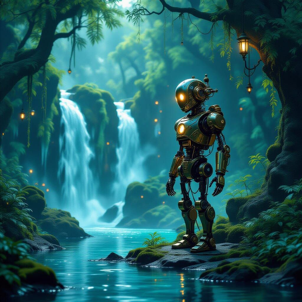 Steampunk Automaton in Bioluminescent Forest