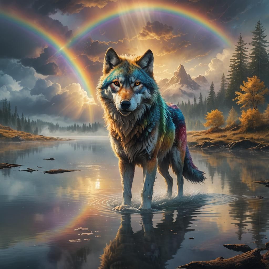 Rainbow Wolf Emerges from Mystical Lake