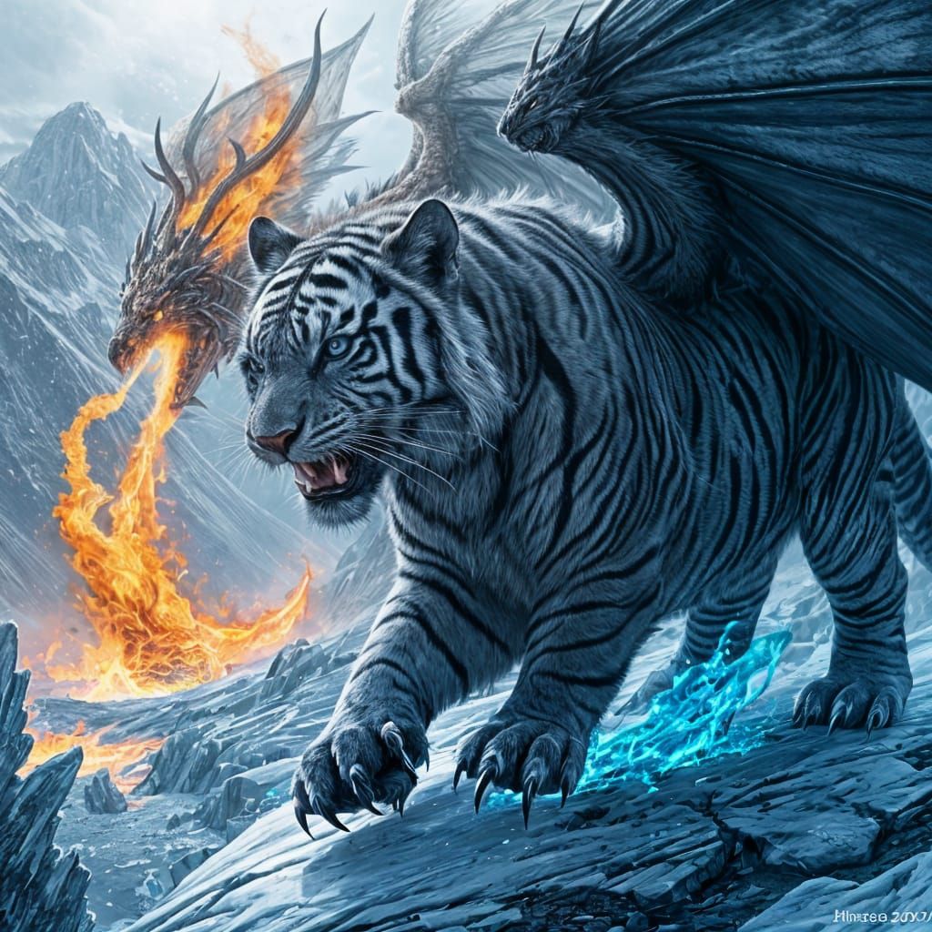 Tiger and Dragon Battle in Icy Mountains
