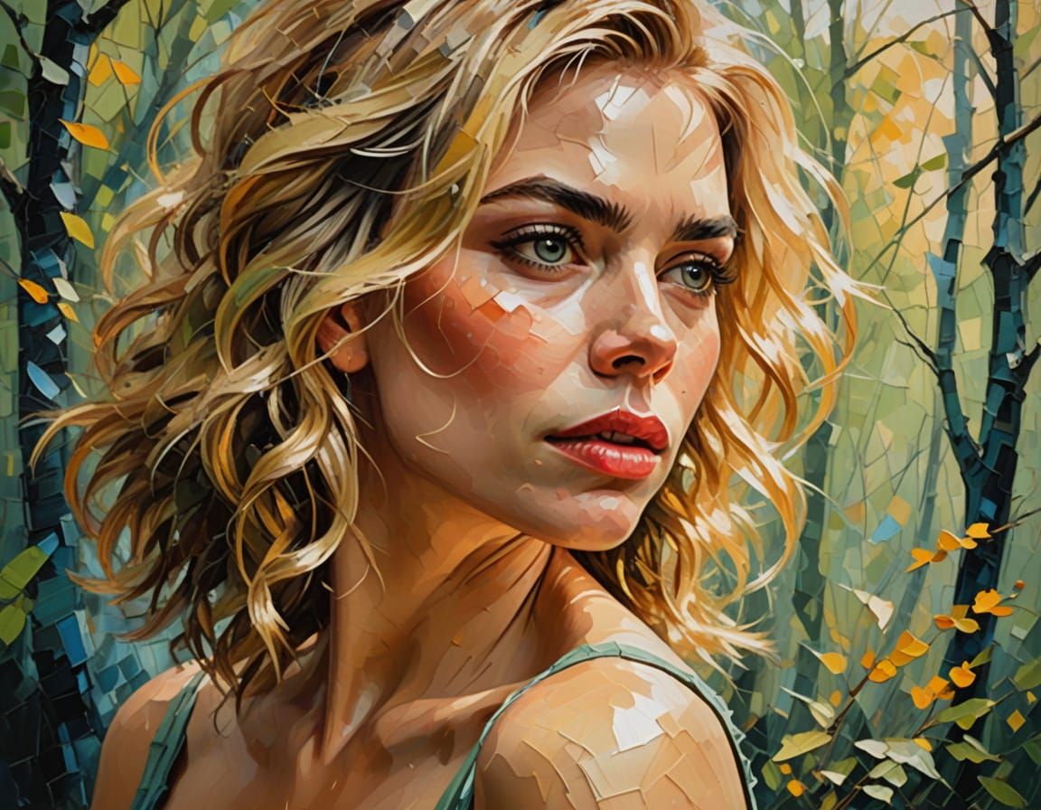 Impressionist Woman Bites Finger in Dreamlike Landscape