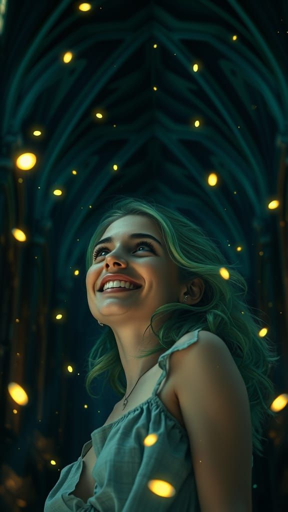 Ethereal Woman with Green Hair in Ancient Chapel