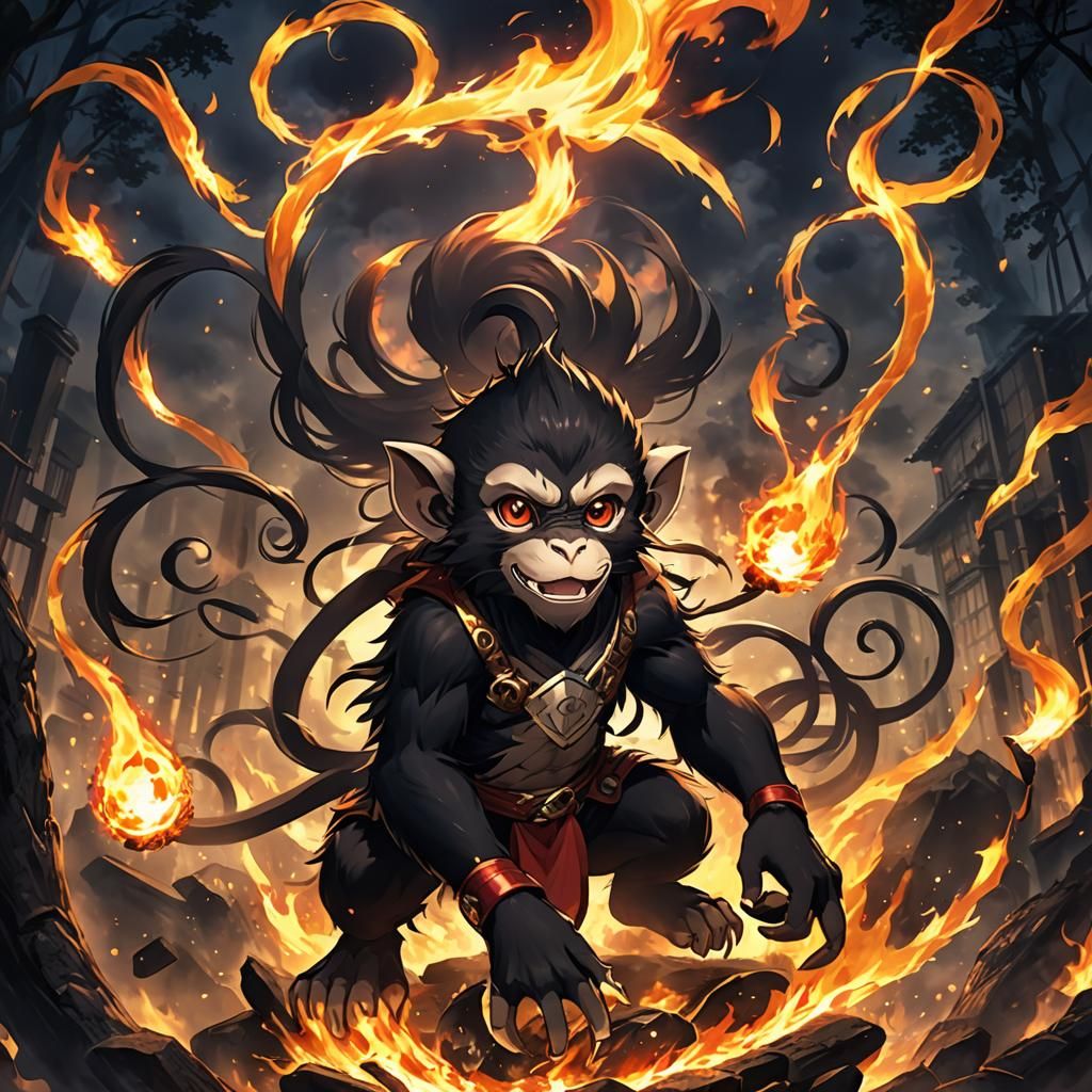 Dark Magical Fire Monkey in Anime Style