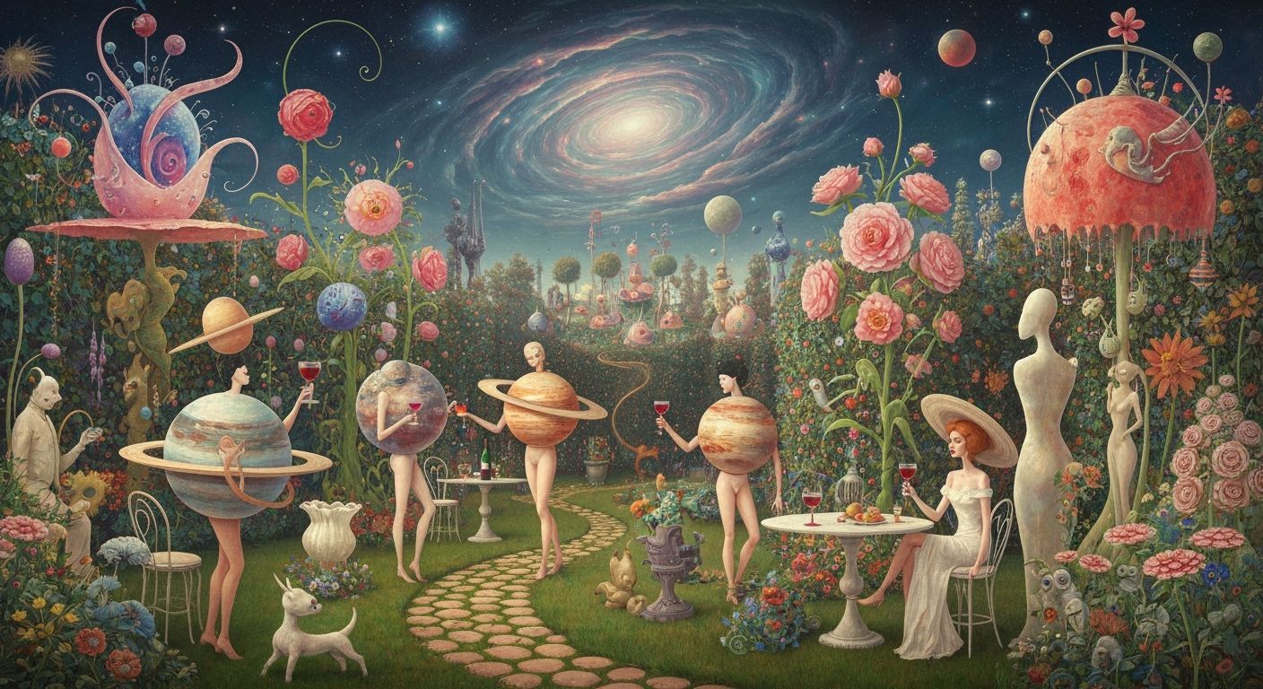 Surreal Planetary Garden Party in Dreamlike Fantasy
