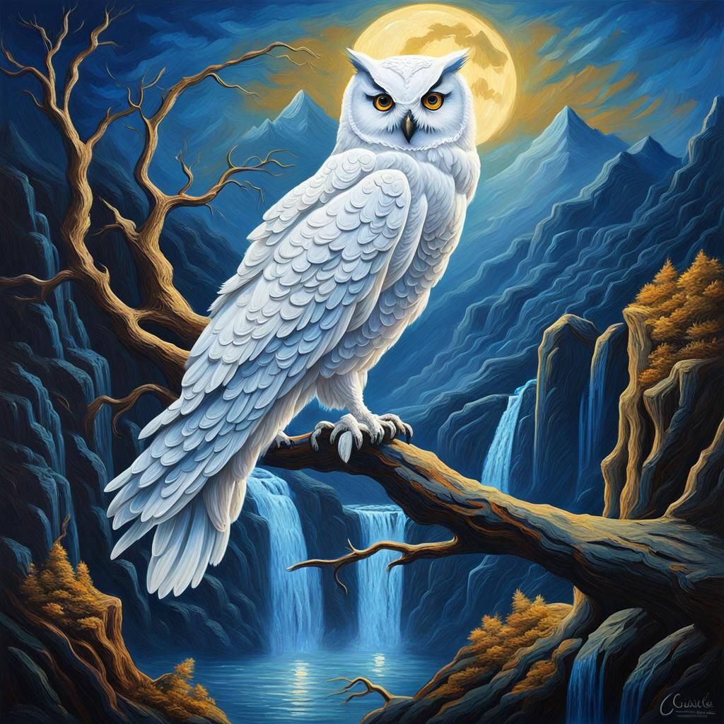 White Owl at Night in Doré-Inspired Impasto Style