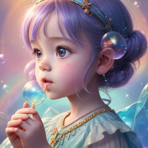 Child Blowing Bubbles in Shimmering Light